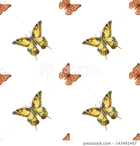 Seamless watercolor pattern with large yellow and small orange butterflies on a white background, natural decorative design for fabric, wallpaper, stationery and packaging Seamless watercolor pattern with large yellow and small orange butterflies on a white background, natural decorative design for fabric, wallpaper, stationery and packaging 143491497