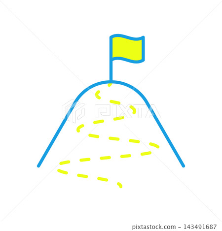 A simple icon of a mountain and a flag representing the path to achieving goals and success. 143491687