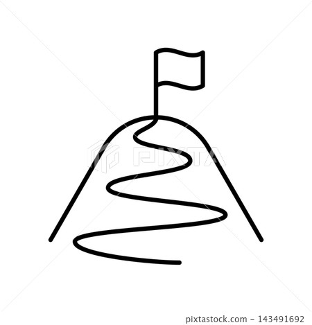 A simple icon featuring a mountain motif with a flag on top. 143491692