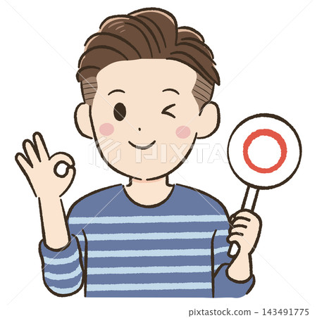 Daily life and communication material for a man in his 40s: Two-block haircut, winking with a ○ bill. Daily life and communication material for a man in his 40s: Two-block haircut, winking with a ○ bill. 143491775