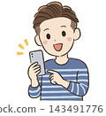 Daily life and communication material for a man in his 40s: Two-block haircut, pointing at his smartphone and smiling. 143491776