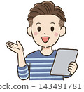Daily life and communication materials for a man in his 40s: Two-block haircut, giving a presentation with a tablet. 143491781