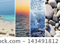 Seaside vacation collage, sandy beach, sunset yacht, ocean splash and pebbles banner 143491812