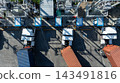 Aerial view EV charging and semi truck electric vehicle, Electric vehicle semi truck trailer charging station for charge EV battery, EV charger semi truck trailer station. 143491816