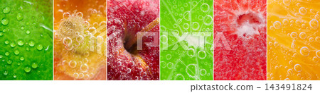 Panoramic macro fruit collage with fresh water drops and bubbles Panoramic macro fruit collage with fresh water drops and bubbles 143491824