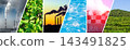 Factory silhouette and clean water collage, industrial pollution vs green field diagonal banner 143491825