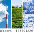 Factory chimney, tea plantation and blue sky grid collage, nature vs industrial pollution banner 143491826