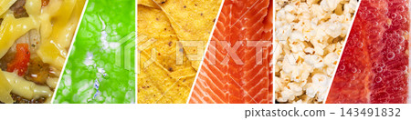 Fast food and healthy nutrition split screen collage, salmon, popcorn and pizza background Fast food and healthy nutrition split screen collage, salmon, popcorn and pizza background 143491832