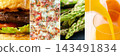 Burger, pizza, asparagus and orange juice collage, healthy versus fast food background 143491834