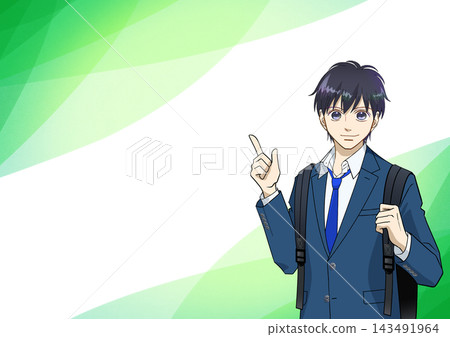 一幅動漫風格的插圖,描繪了一名微笑、指著某處的男學生。 一幅動漫風格的插圖,描繪了一名微笑、指著某處的男學生。 143491964
