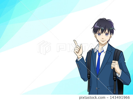 An anime-style illustration of a male student smiling and pointing. 143491966
