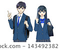 Anime-style illustration of smiling high school or junior high school students with backpacks and school bags, white background 143492382