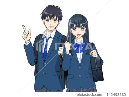 Anime-style illustration of smiling high school or junior high school students with backpacks and school bags, white background Anime-style illustration of smiling high school or junior high school students with backpacks and school bags, white background 143492383