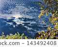 A cloudy sky with streaks of light shows through the clouds while trees are visible in the foreground during the evening 143492408