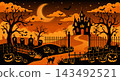 A mansion on Halloween night with a crescent moon and pumpkin silhouettes in the background. 143492521