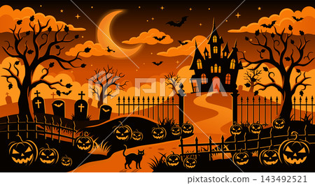 A mansion on Halloween night with a crescent moon and pumpkin silhouettes in the background. A mansion on Halloween night with a crescent moon and pumpkin silhouettes in the background. 143492521