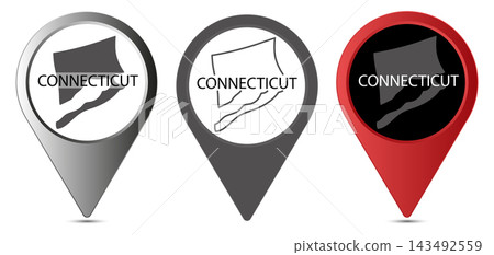 Connecticut state map pin icons set with borders and name Connecticut state map pin icons set with borders and name 143492559