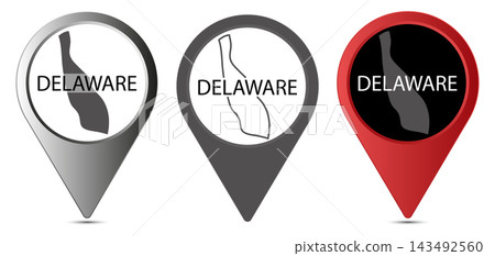Delaware state map pin icons set with borders and name Delaware state map pin icons set with borders and name 143492560