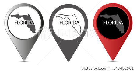 Florida state map pin icons set with borders and name Florida state map pin icons set with borders and name 143492561