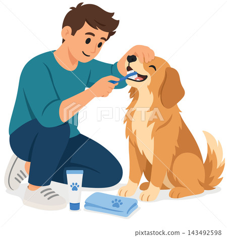 Vsai man brushing golden retriever dog teeth for dental care Vsai man brushing golden retriever dog teeth for dental care 143492598