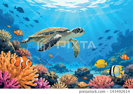 Vsai sea turtle swimming with tropical fish over coral reef Vsai sea turtle swimming with tropical fish over coral reef 143492614