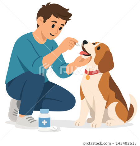 Vsai man giving medication to dog for pet health care Vsai man giving medication to dog for pet health care 143492615