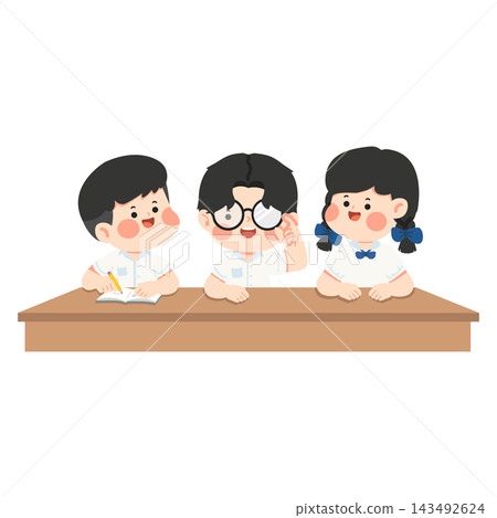 Three Cute Asian Students in School Uniform Studying at Classroom Desk Three Cute Asian Students in School Uniform Studying at Classroom Desk 143492624
