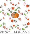 Cute Hand Drawn Autumn Pumpkin and Fall Leaves Seamless Pattern 143492722