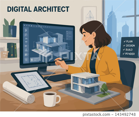 Vsai digital architect designing building on computer screen Vsai digital architect designing building on computer screen 143492748