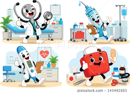 Vsai friendly medical characters promoting healthcare and first aid 143492883