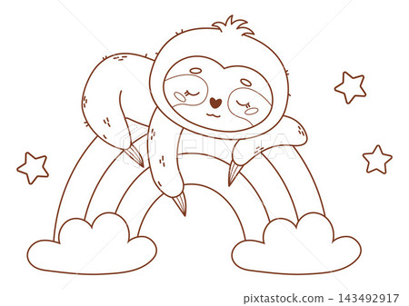 Outline Cute Kawaii Sleeping Sloth on Rainbow with Clouds and the Stars. Resting Dreamy Little Baby Cartoon Animal Character. Line drawing, coloring page. Vector Illustration. Kids collection. 143492917