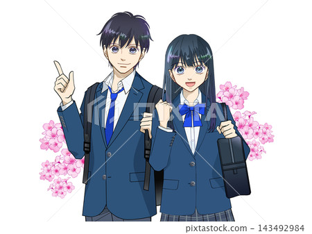 Anime-style illustration of cherry blossoms and a male or female high school student, on a white background. Anime-style illustration of cherry blossoms and a male or female high school student, on a white background. 143492984