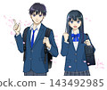 Anime-style illustration of cherry blossom petals and a high school or middle school student boy/girl, on a white background. 143492985