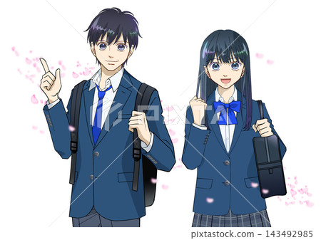 Anime-style illustration of cherry blossom petals and a high school or middle school student boy/girl, on a white background. 143492985
