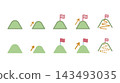 A set of icons depicting mountain peaks, flags, and arrows to represent goal achievement and hiking routes. 143493035