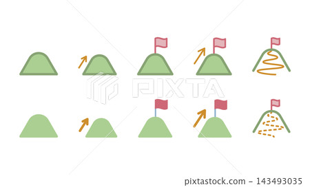 A set of icons depicting mountain peaks, flags, and arrows to represent goal achievement and hiking routes. A set of icons depicting mountain peaks, flags, and arrows to represent goal achievement and hiking routes. 143493035