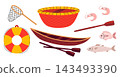 Fishing and boating equipment set with wooden boat, oar, net, basket bowl, lifebuoy and fish. Flat vector illustration 143493390