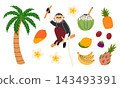 Tropical wildlife and fruit set with monkey, palm tree, mango, coconut, pineapple and dragon fruit. Flat vector illustration 143493391