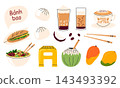Vietnamese street food set with banh mi, banh bao, pho, egg coffee, coconut and bubble tea. Flat vector illustration 143493392