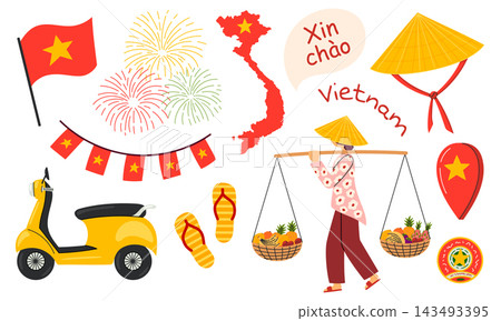 Vietnam themed icon set with flag, fireworks, map, conical hat and street market vendor. Flat vector illustration Vietnam themed icon set with flag, fireworks, map, conical hat and street market vendor. Flat vector illustration 143493395