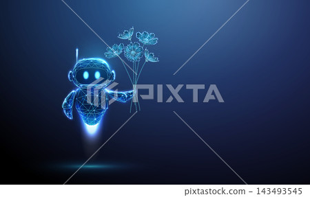 3D blue robot with flowers. Flower bouquet, romantic gift, spring greeting, virtual companion, chatbot relationship, digital affection, loving ai friendship concept 143493545