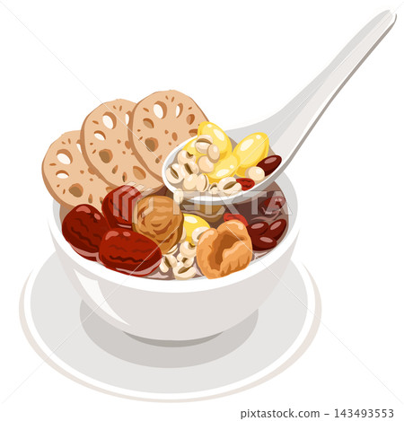 Vector illustration of traditional Chinese sweet soup with lotus root, red dates, ginkgo nuts, and longan isolated on a white background Vector illustration of traditional Chinese sweet soup with lotus root, red dates, ginkgo nuts, and longan isolated on a white background 143493553