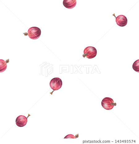 Seamless watercolor red gooseberry pattern background with scattered ripe berries. Isolated repeating botanical floral texture element for sweet food packaging art Seamless watercolor red gooseberry pattern background with scattered ripe berries. Isolated repeating botanical floral texture element for sweet food packaging art 143493574