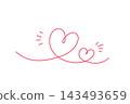 A romantic, hand-drawn line art illustration featuring large and small hearts and sparkles drawn in pink lines on a white background, representing love and romance. 143493659