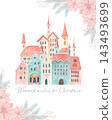 Hand drawn watercolor greeting card with fairytale village, pink poinsettias, fir branches and berries. Holiday illustration with Warmest Wishes for Christmas lettering for invitations and stationery. 143493699
