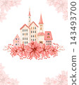 Hand drawn watercolor Christmas village with whimsical houses, pink poinsettias and berries. Pastel holiday greeting card with floral corner decorations and space for text, invitations and stationery. 143493700