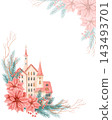 Watercolor Christmas village with whimsical houses, pink poinsettias, fir branches and berries. Hand drawn holiday card with floral corner decorations and copy space for greetings and invitations. 143493701