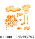 Hand drawn watercolor set of golden honeycomb, dripping honey, drops and puddles. Pastel food clipart isolated on white for honey jar labels, packaging, branding, stationery and decorative design. 143493703
