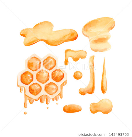 Hand drawn watercolor set of golden honeycomb, dripping honey, drops and puddles. Pastel food clipart isolated on white for honey jar labels, packaging, branding, stationery and decorative design. Hand drawn watercolor set of golden honeycomb, dripping honey, drops and puddles. Pastel food clipart isolated on white for honey jar labels, packaging, branding, stationery and decorative design. 143493703