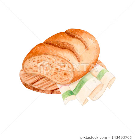 Hand drawn watercolor rustic bread loaf on wooden cutting board and striped kitchen towel. Bakery illustration in natural pastel tones isolated for food packaging, menus, cookbooks and branding. Hand drawn watercolor rustic bread loaf on wooden cutting board and striped kitchen towel. Bakery illustration in natural pastel tones isolated for food packaging, menus, cookbooks and branding. 143493705